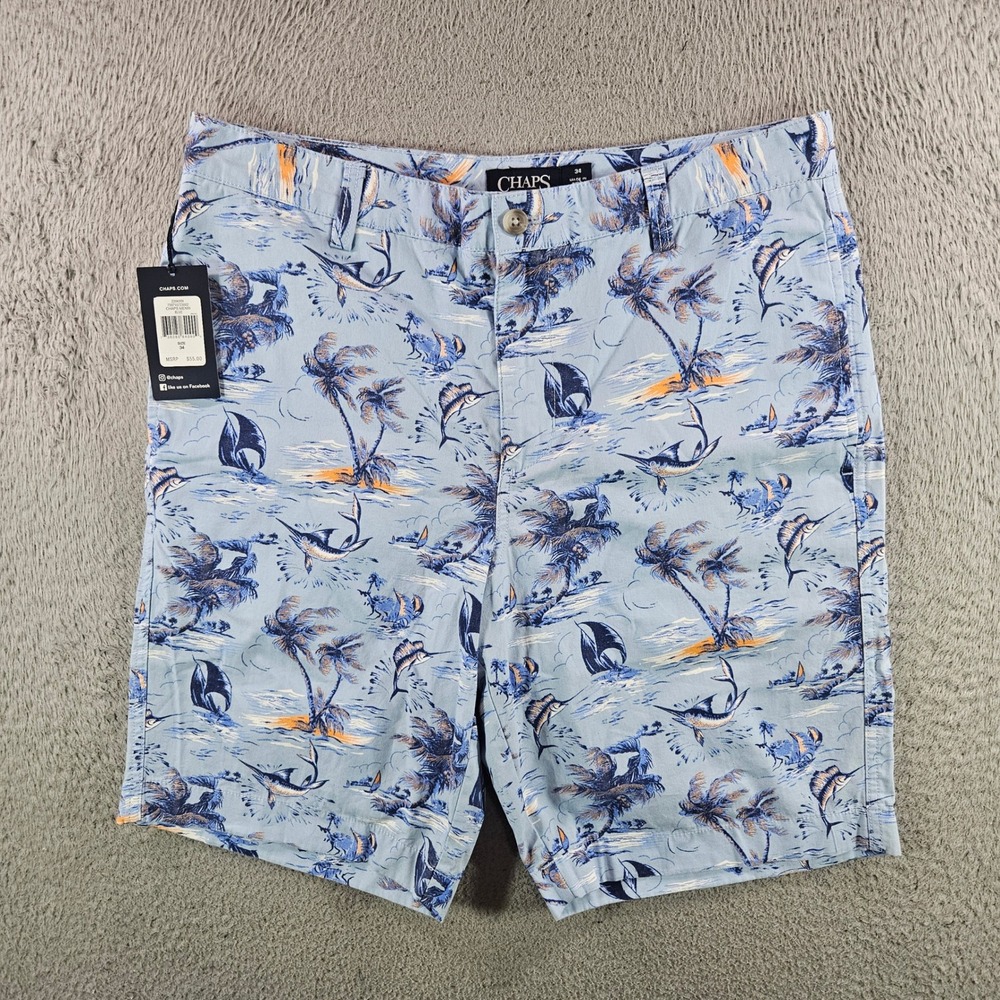 Chaps Mens Blue‎ Nautical Tropical Print Flat Front Shorts Size 34 NWT NEW